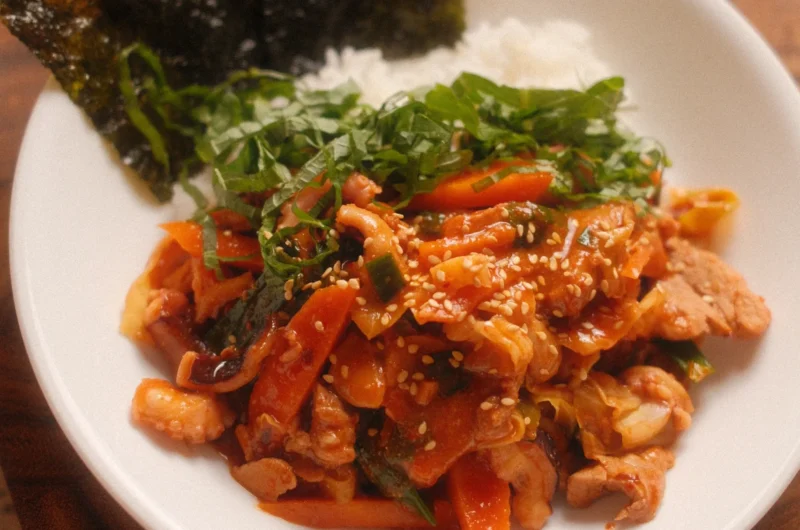 Low cal Korean spicy pork and squid stir-fry (오징어 제육)